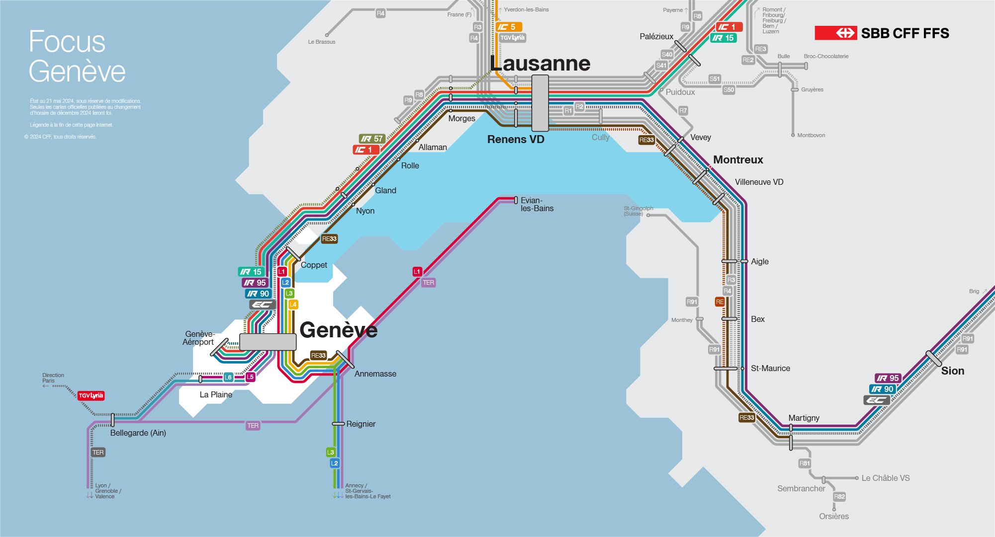 Ce visuel montre les changements du trafic ferroviaire dans le canton de Genève sous forme de schéma. Tous les changements sont également listés dans le texte ci-dessous.