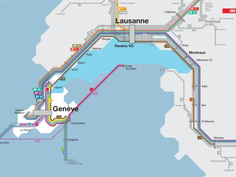 Ce visuel montre les changements du trafic ferroviaire dans le canton de Genève sous forme de schéma. Tous les changements sont également listés dans le texte ci-dessous.
