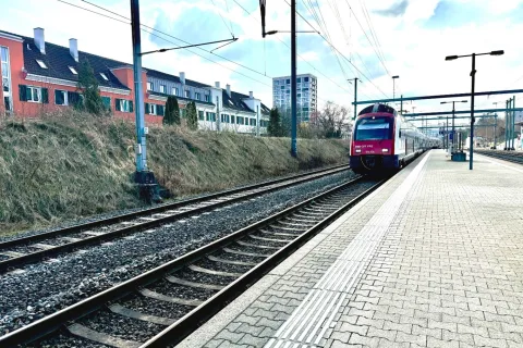 Eine S-Bahn der Linie 6 fährt in Zürich Seebach ein.