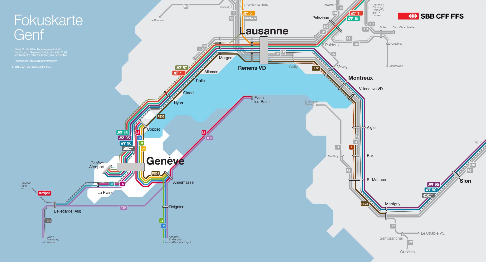Diese visuelle Darstellung zeigt die Veränderungen des Bahnverkehrs im Kanton Genf in Form eines Schemas. Alle Änderungen sind auch im folgenden Text aufgelistet.