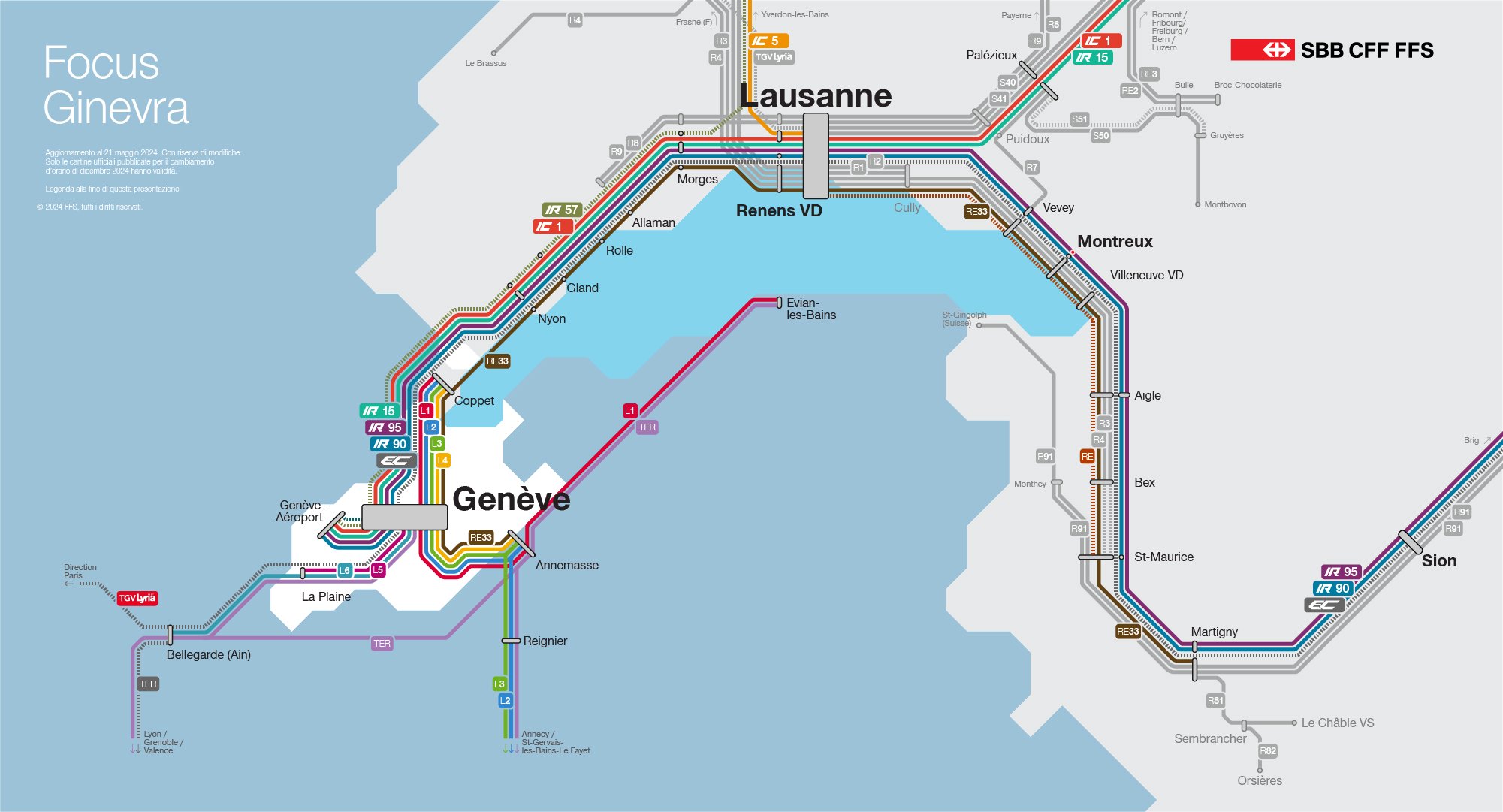 Questa rappresentazione visiva mostra i cambiamenti del trasporto ferroviario nel Cantone di Ginevra sotto forma di diagramma. Tutte le modifiche sono elencate anche nel testo seguente.