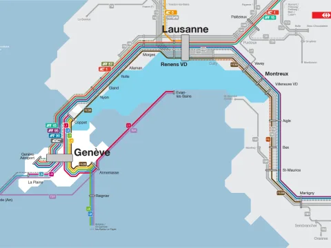 Questa rappresentazione visiva mostra i cambiamenti del trasporto ferroviario nel Cantone di Ginevra sotto forma di diagramma. Tutte le modifiche sono elencate anche nel testo seguente.