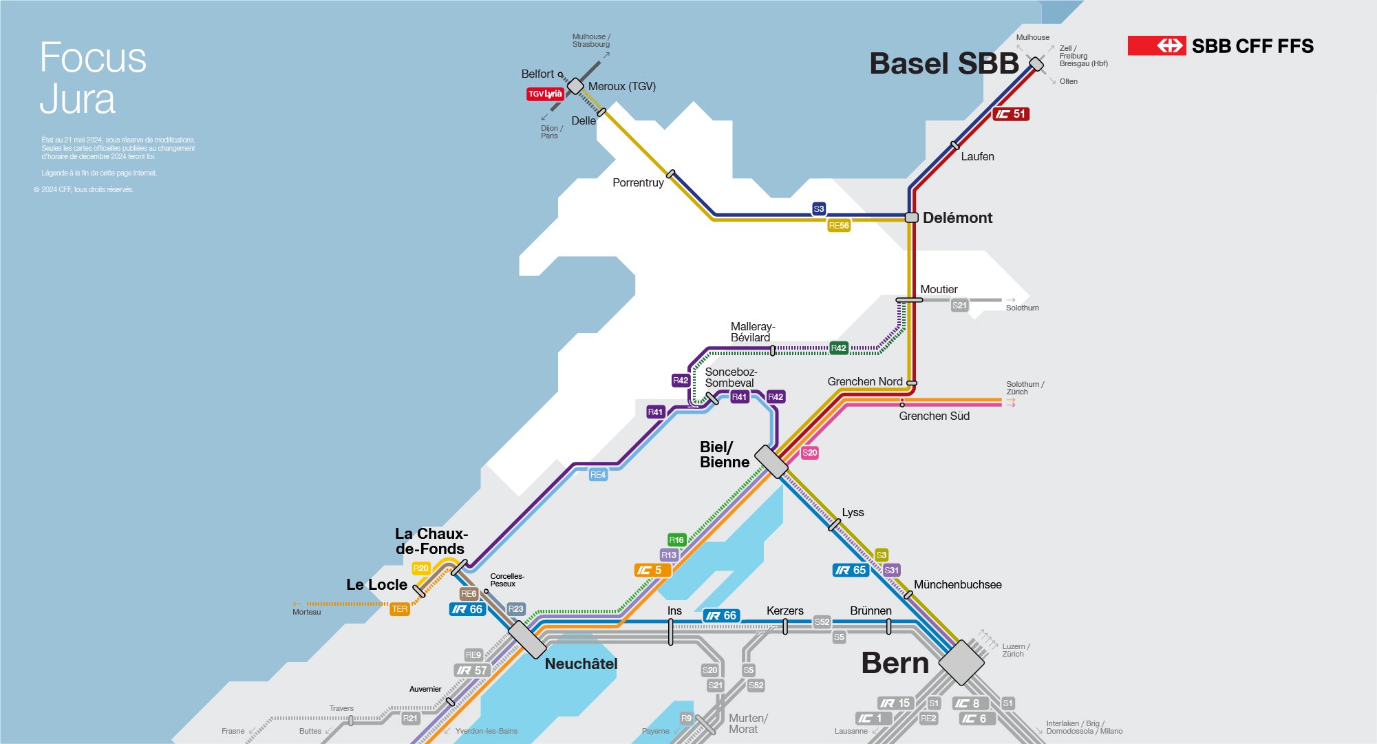 Ce visuel montre les changements du trafic ferroviaire dans le canton du Jura sous forme de schéma. Tous les changements sont également listés dans le texte ci-dessous.