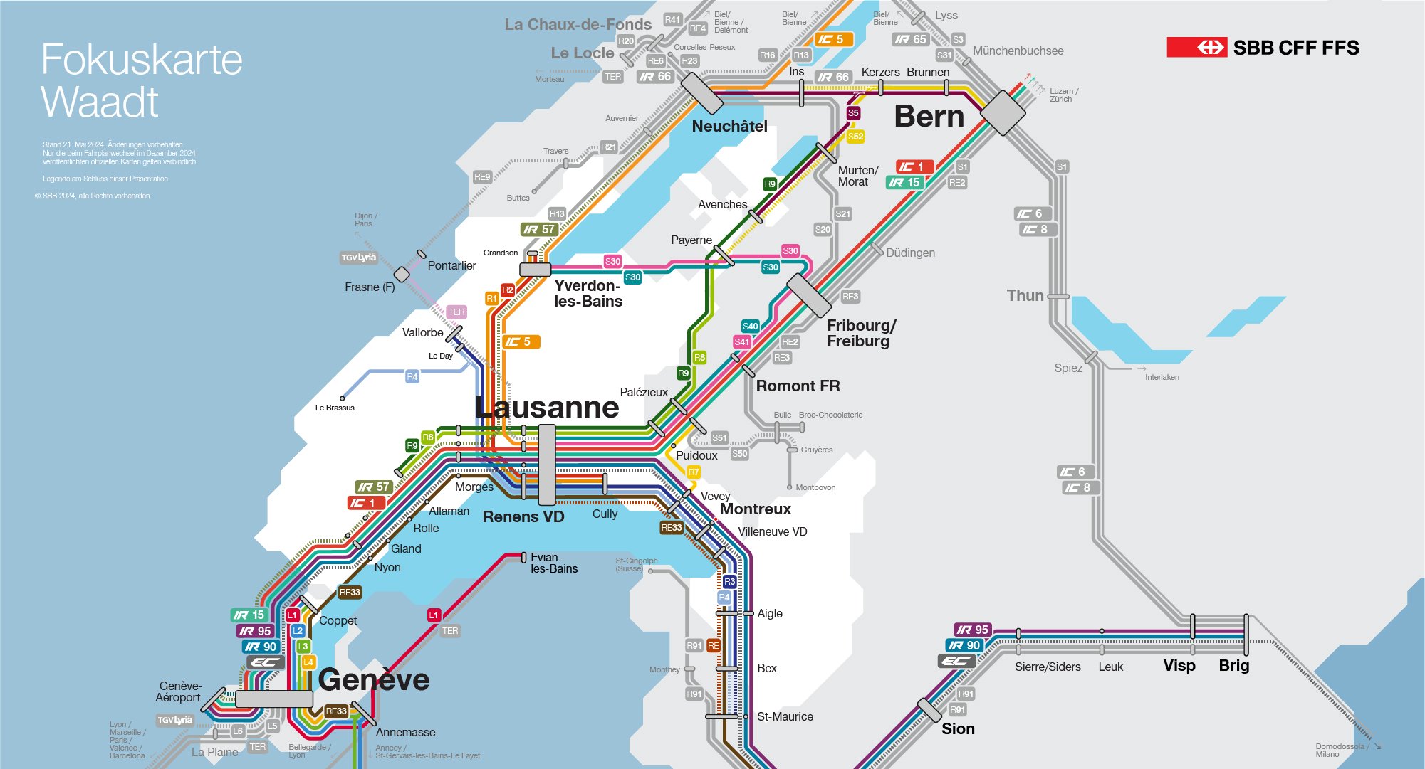 Diese visuelle Darstellung zeigt die Veränderungen des Bahnverkehrs im Kanton Waadt in Form eines Schemas. Alle Änderungen sind auch im folgenden Text aufgelistet.