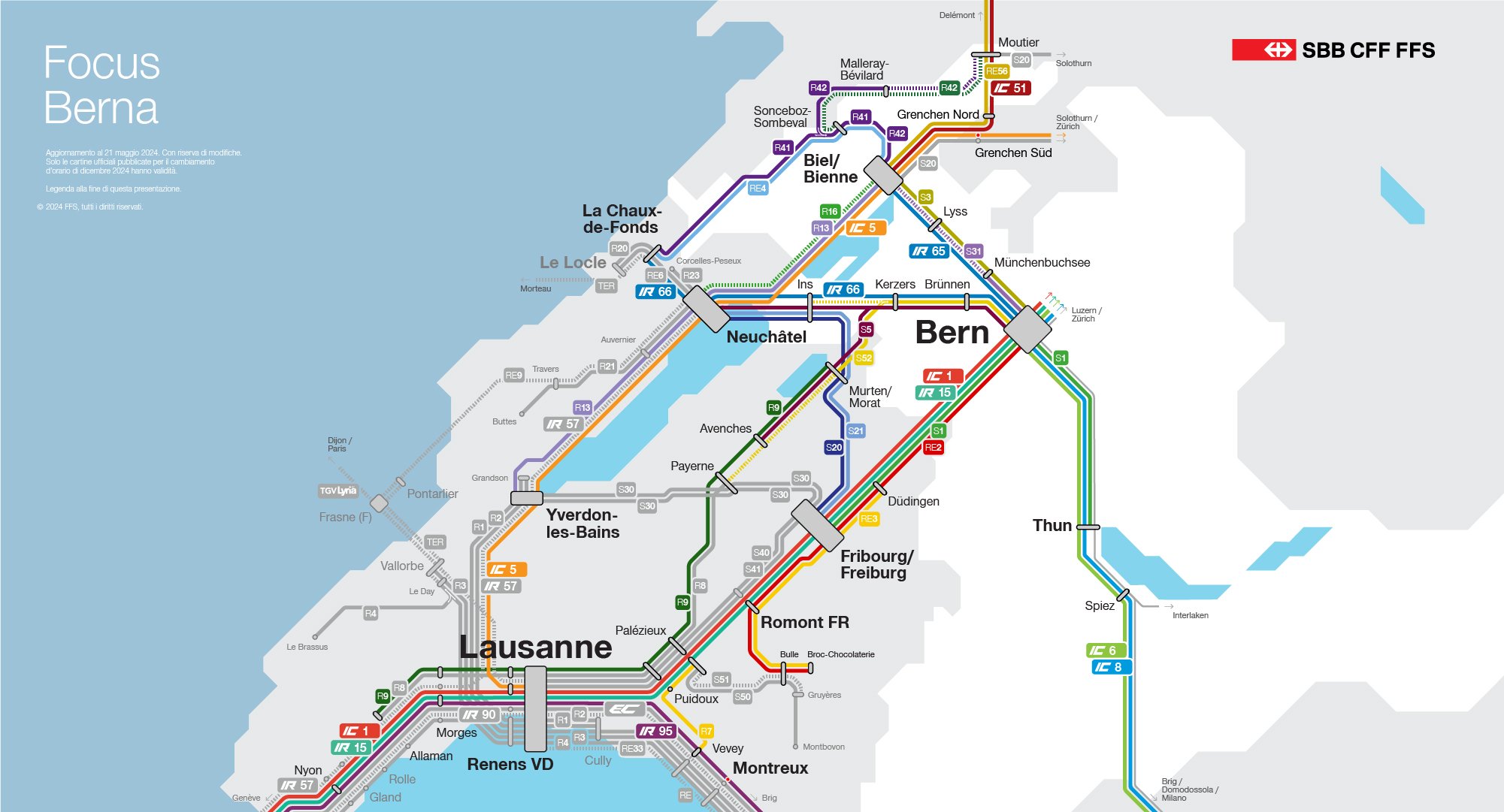 Questa immagine mostra in forma diagrammatica i cambiamenti del traffico ferroviario nel Cantone di Berna. Tutte le modifiche sono elencate anche nel testo sottostante.
