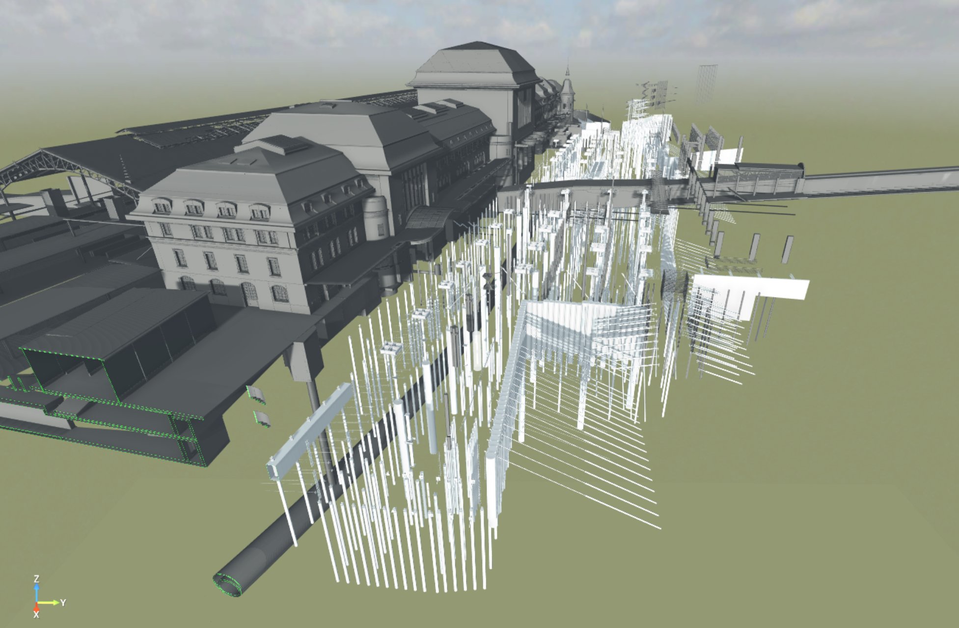 Image de synthèse des pieux sous la gare de Lausanne