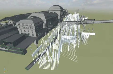 Image de synthèse des pieux sous la gare de Lausanne