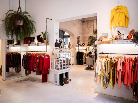 Interno del negozio vintage e di seconda mano Burggasse 24 con abiti colorati appesi e piante alle pareti.