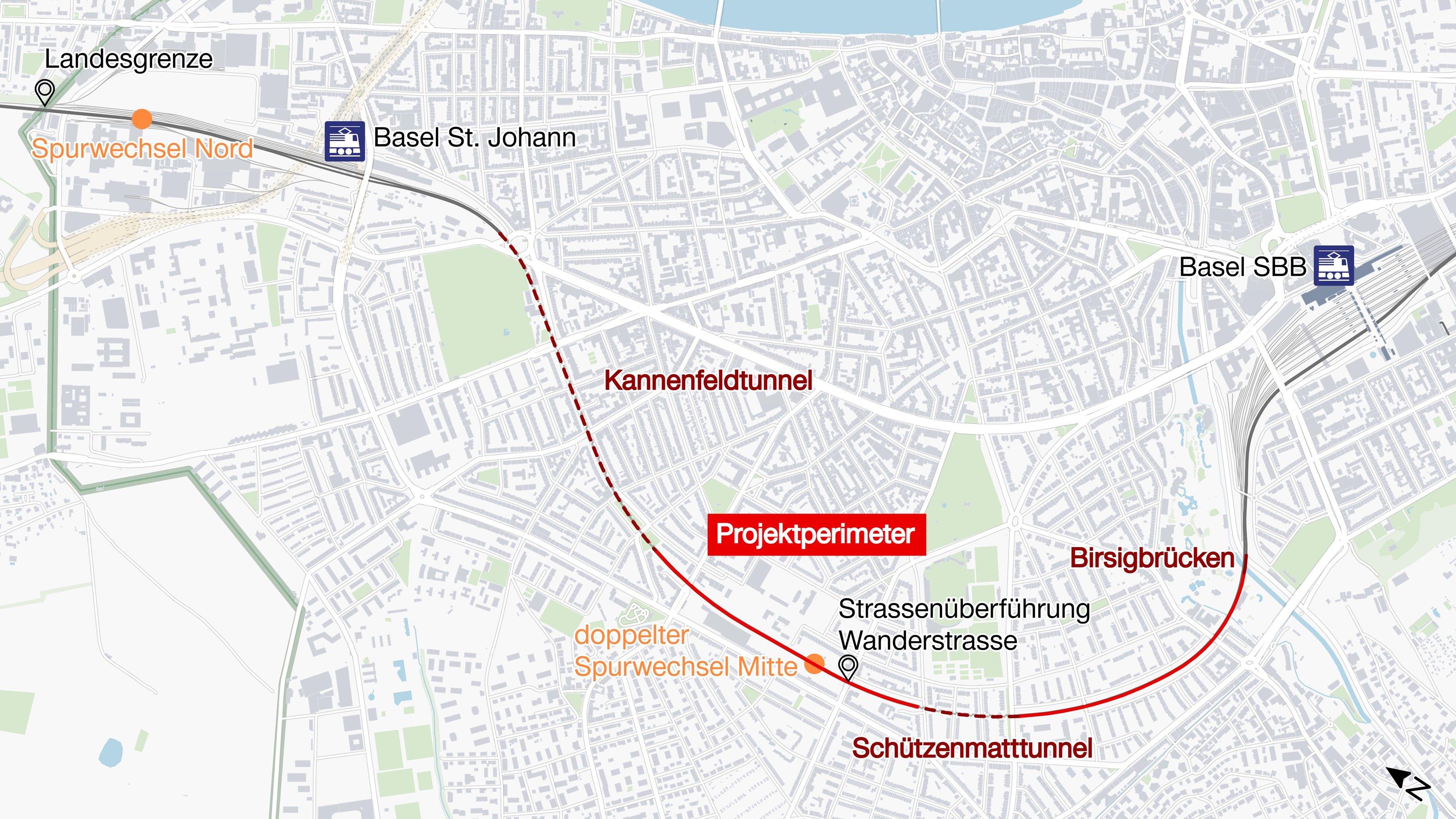 Die Karte visualisiert die Hauptarbeiten zum 4-Meter Korridor zwischen Basel St. Johann und Basel SBB und bezieht sich eins zu eins zum vorherigen Testabschnitt „Hauptarbeiten von April 2026 bis 2029 geplant“. 