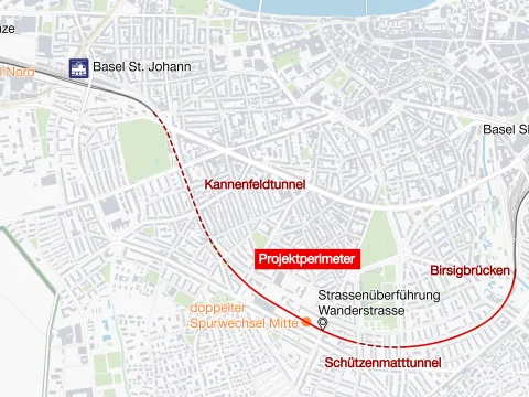 Die Karte visualisiert die Hauptarbeiten zum 4-Meter Korridor zwischen Basel St. Johann und Basel SBB und bezieht sich eins zu eins zum vorherigen Testabschnitt „Hauptarbeiten von April 2026 bis 2029 geplant“.