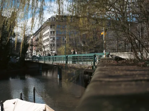Un pont passe par-dessus un petit cours d’eau entouré d’arbres et de maisons de ville.