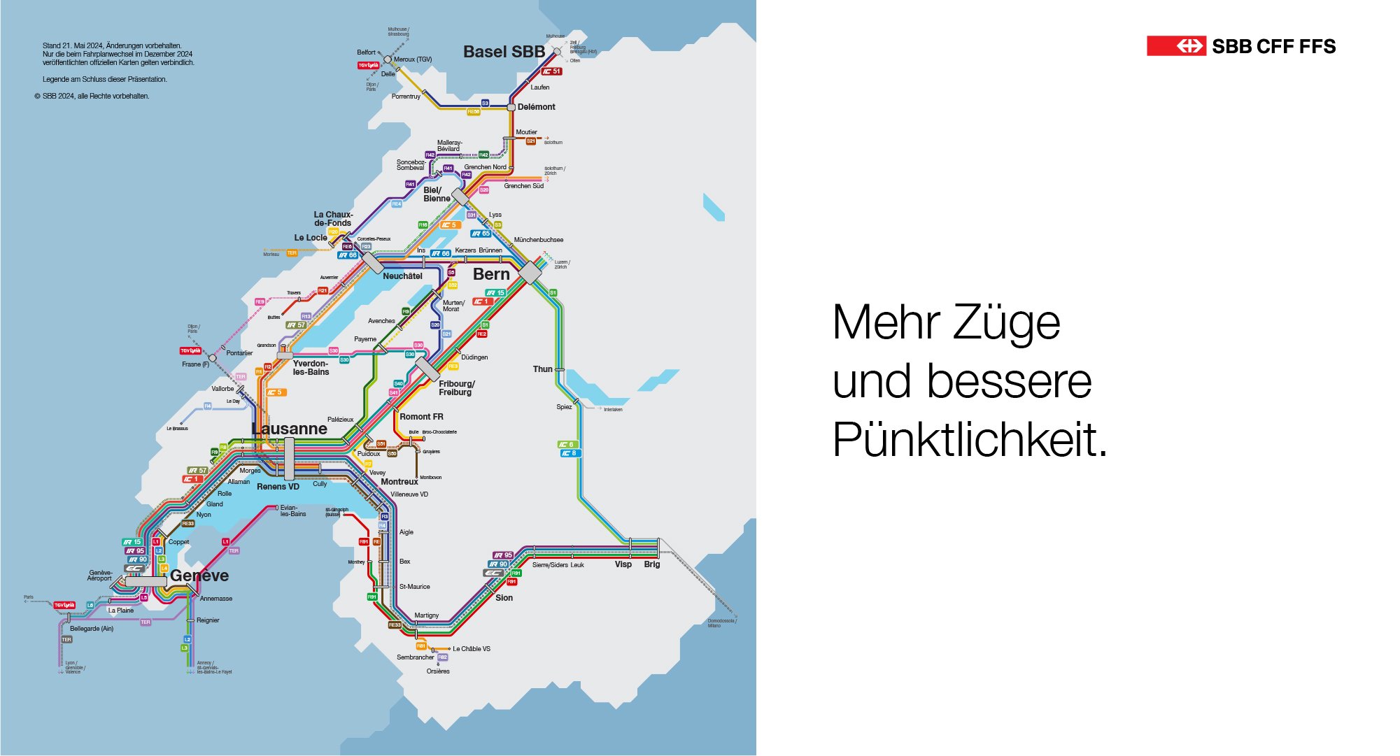 Dieses Bildmaterial zeigt den Zugverkehr in der Westschweiz in Form eines Schemas mit der Aufschrift: "Mehr Züge und bessere Pünktlichkeit".