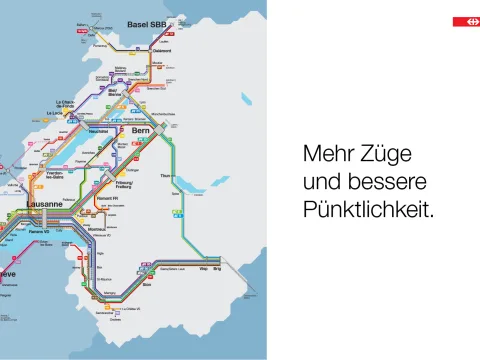 Dieses Bildmaterial zeigt den Zugverkehr in der Westschweiz in Form eines Schemas mit der Aufschrift: "Mehr Züge und bessere Pünktlichkeit".