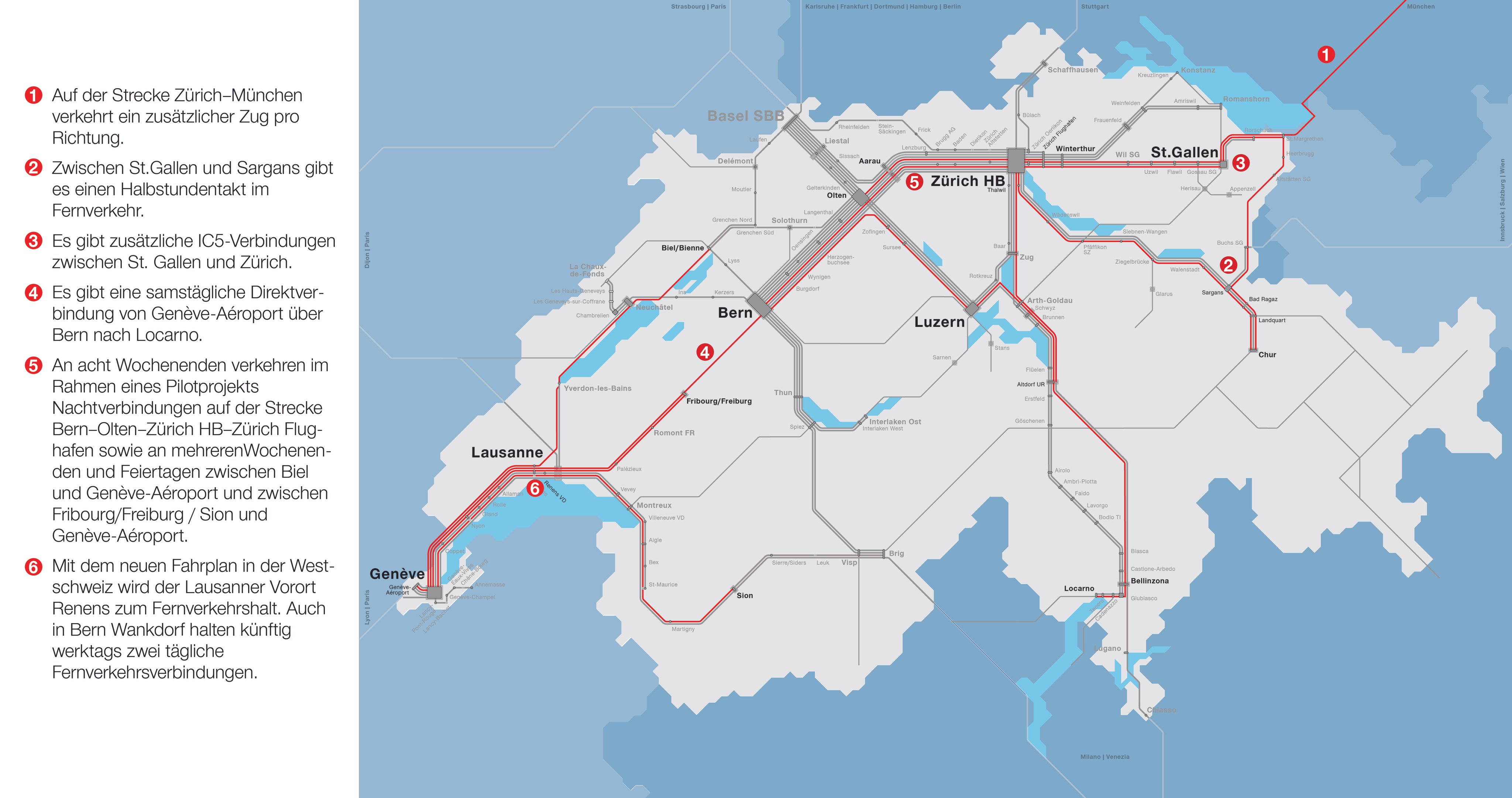 Karte mit einer Übersicht zu den wichtigsten Neuigkeiten im Fahrplan 2025.