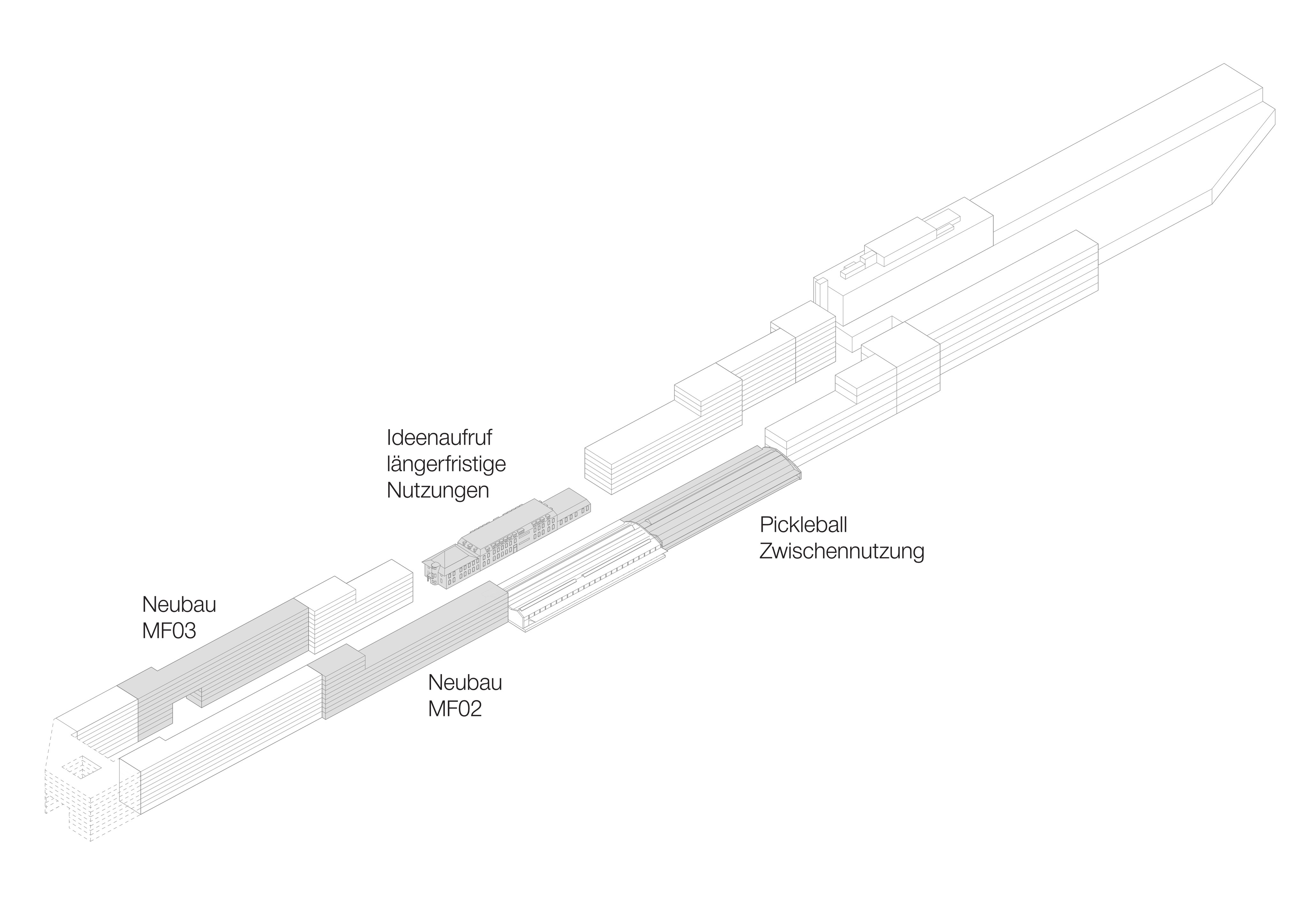Ein Übersichtsplan mit den zwei Neubauten und der Zwischennutzung.