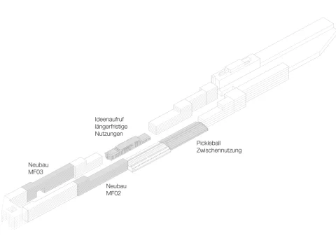 Ein Übersichtsplan mit den zwei Neubauten und der Zwischennutzung.