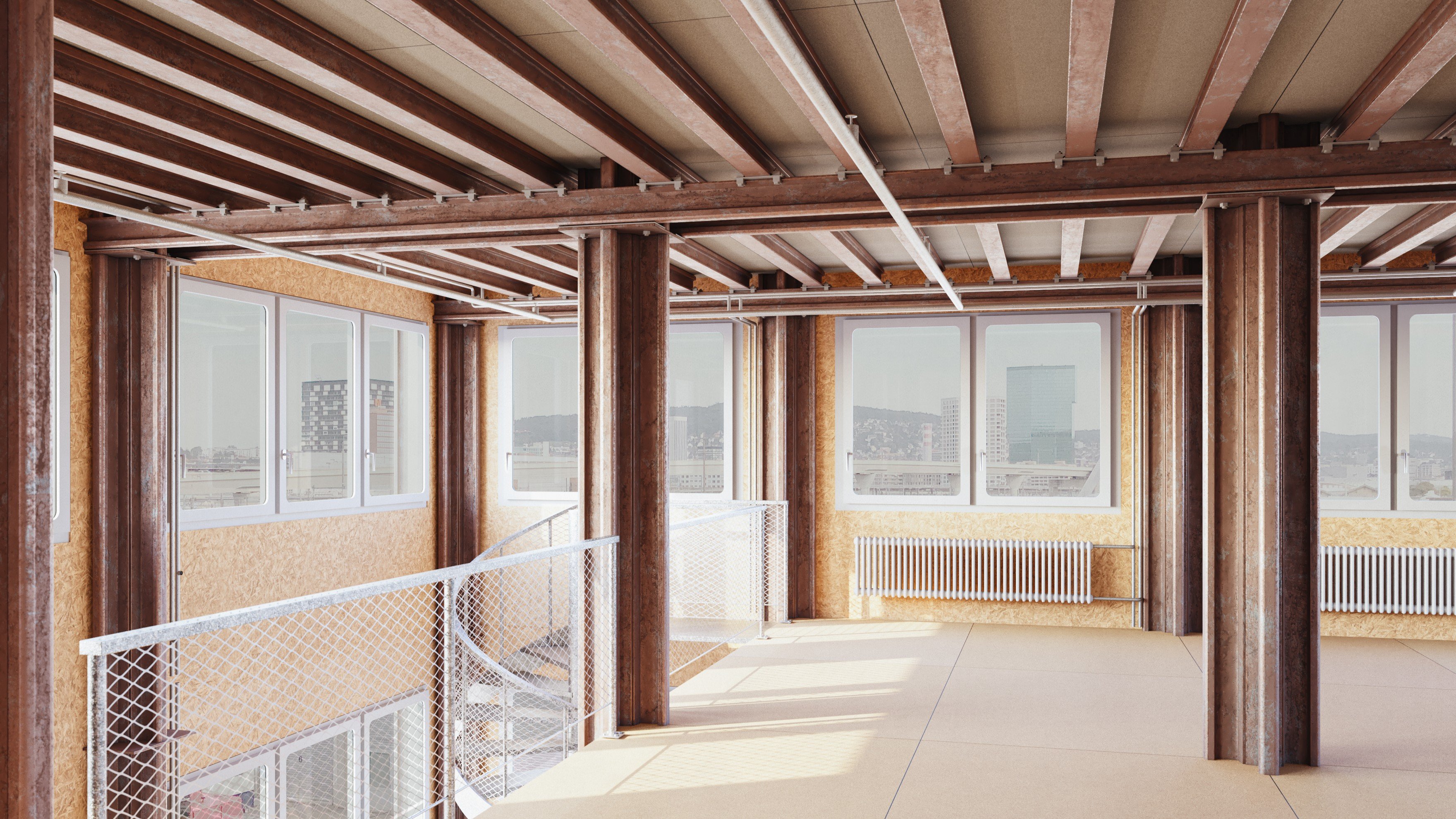 Des piliers et poutres de soutènement réalisés à partir de rails usagés.