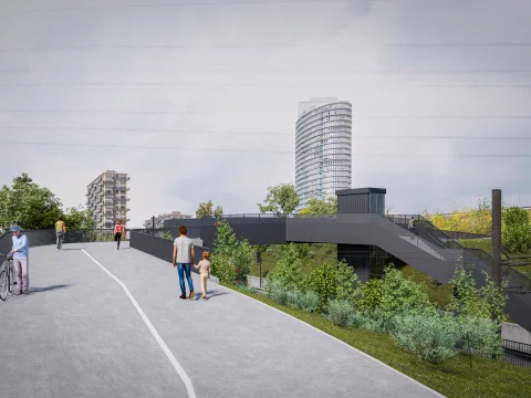 Die Visualisierung zeigt die Passerelle, welche die beiden Quartiere von Dübendorf und Zürich miteinander verbindet.