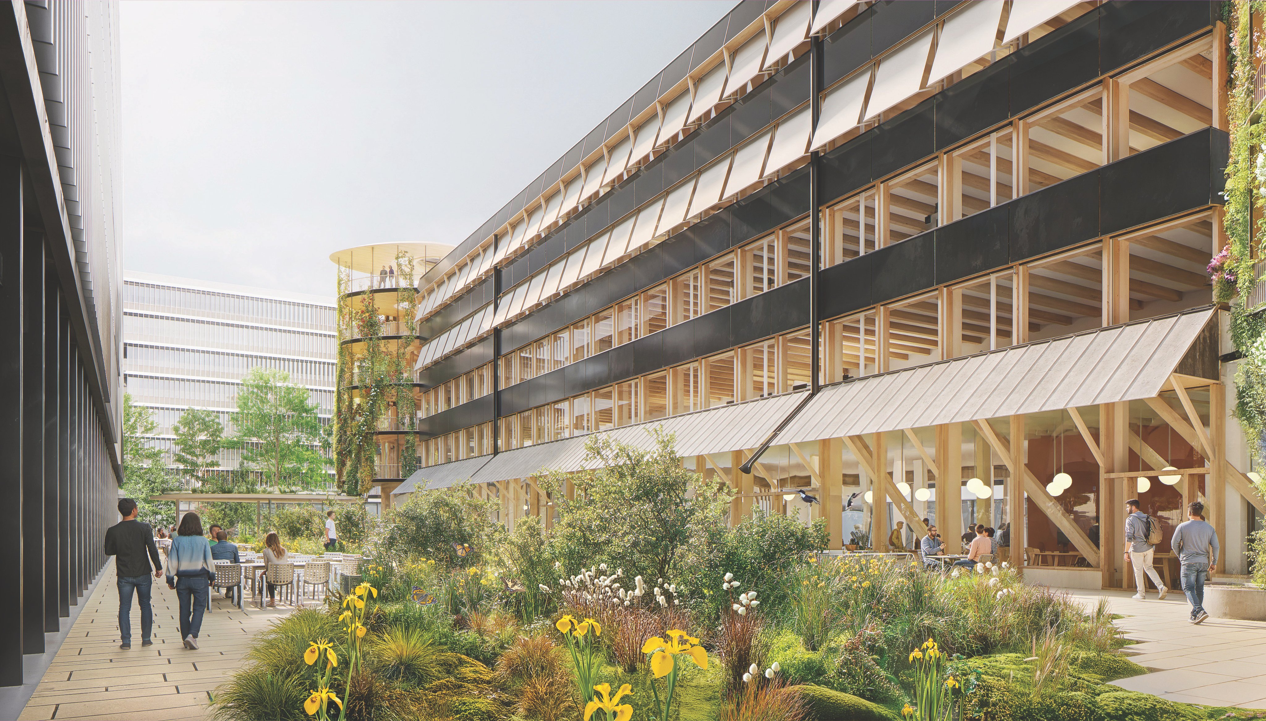 Visualisierung vom Aussenraum des neuen SBB Bürogebäudes in Wankdorf mit Grünflächen.