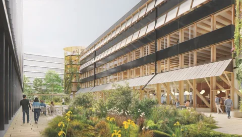 Visualisierung vom Aussenraum des neuen SBB Bürogebäudes in Wankdorf mit Grünflächen.