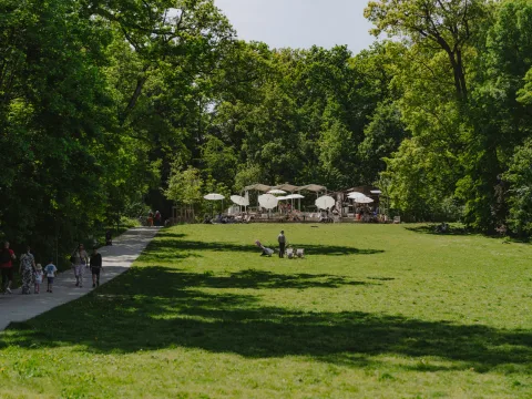 Une clairière avec des personnes dans la prairie et sur le chemin forestier; à l’arrière-plan, une buvette avec des parasols blancs.