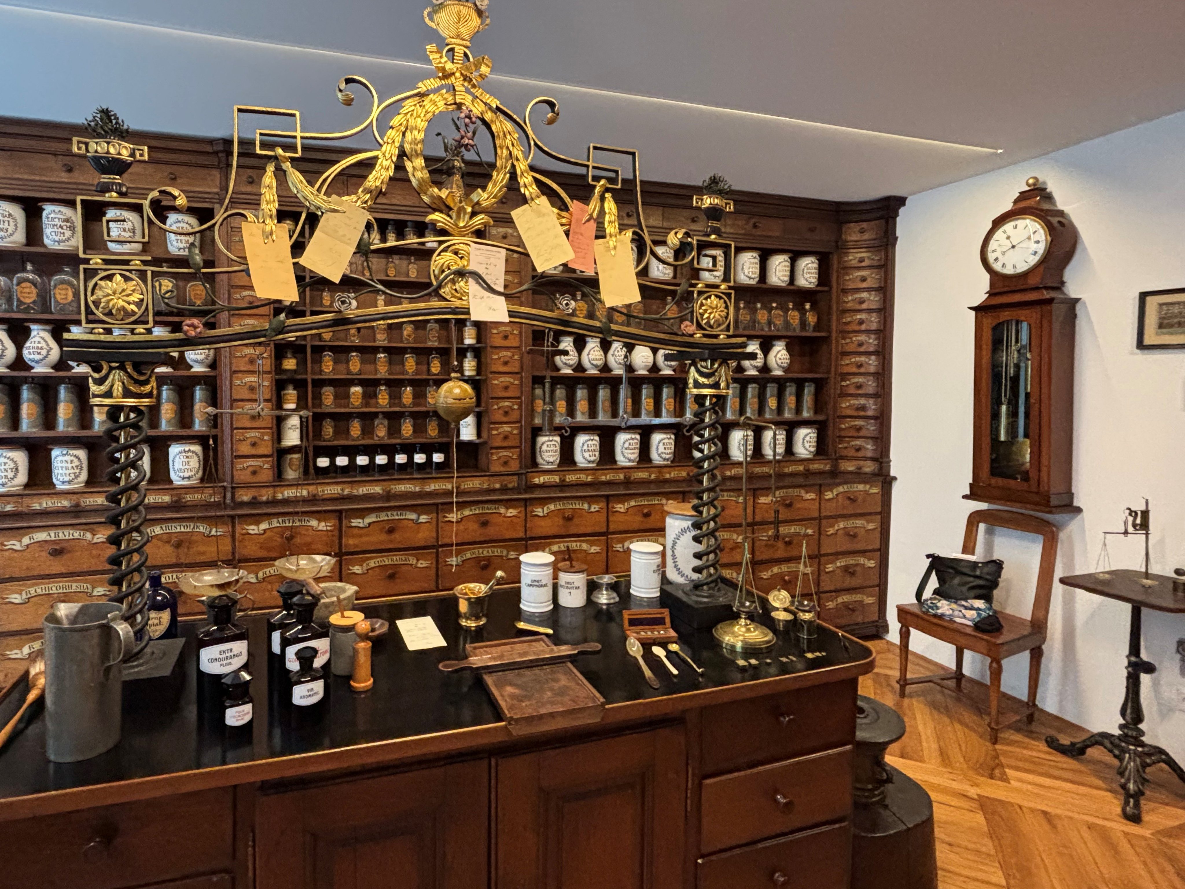 Ein Zimmer mit einer Holztheke und einem grossen Holzregal an der Wand, das viele Schubladen enthält und auf dessen Tablaren zahlreiche beschriftete Gefässe stehen.