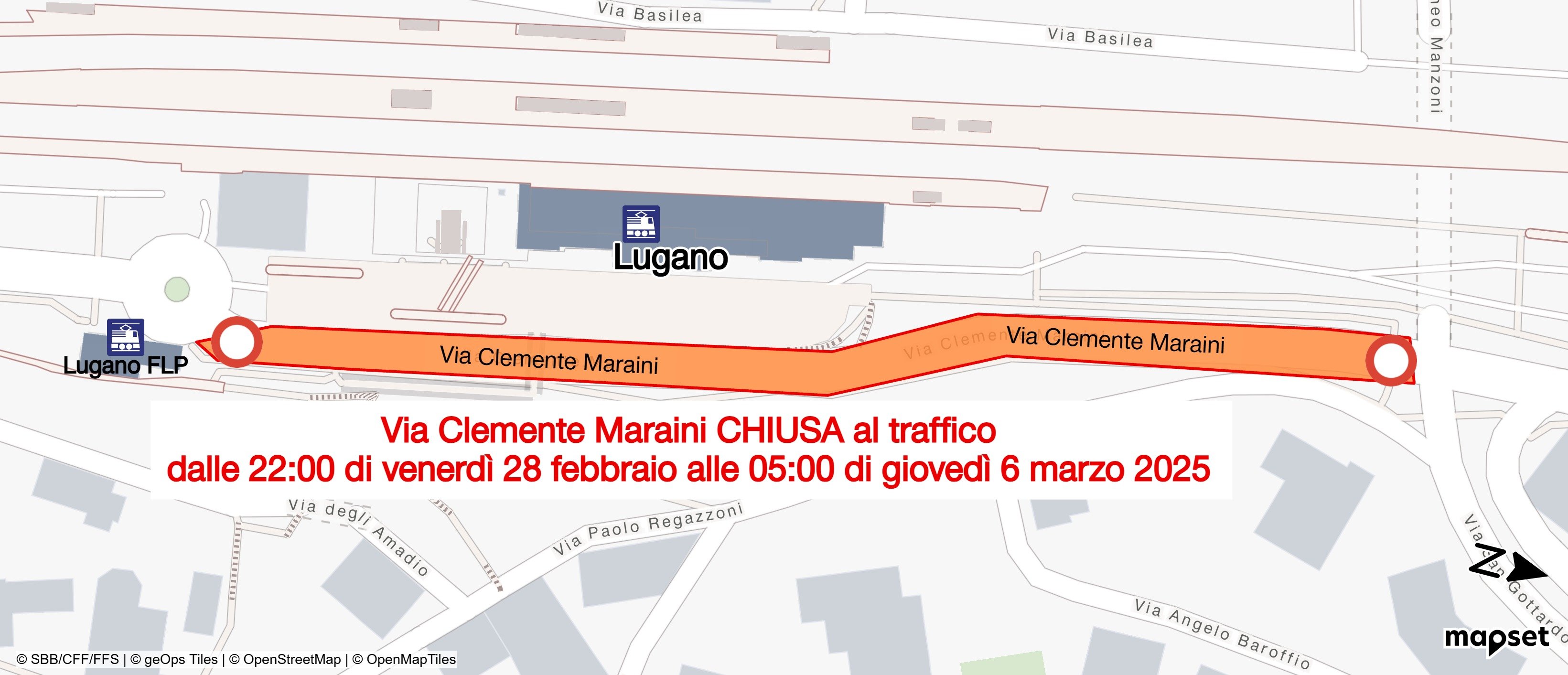 La cartina di via Maraini con il tratto di strada chiusa fra la rotonda della stazione FFS e l’incrocio con via Manzoni/tunnel di Besso. 