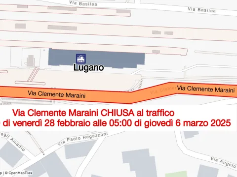 La cartina di via Maraini con il tratto di strada chiusa fra la rotonda della stazione FFS e l’incrocio con via Manzoni/tunnel di Besso.