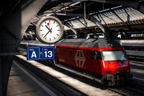 Un train entre en gare; on aperçoit l’horloge de cette dernière