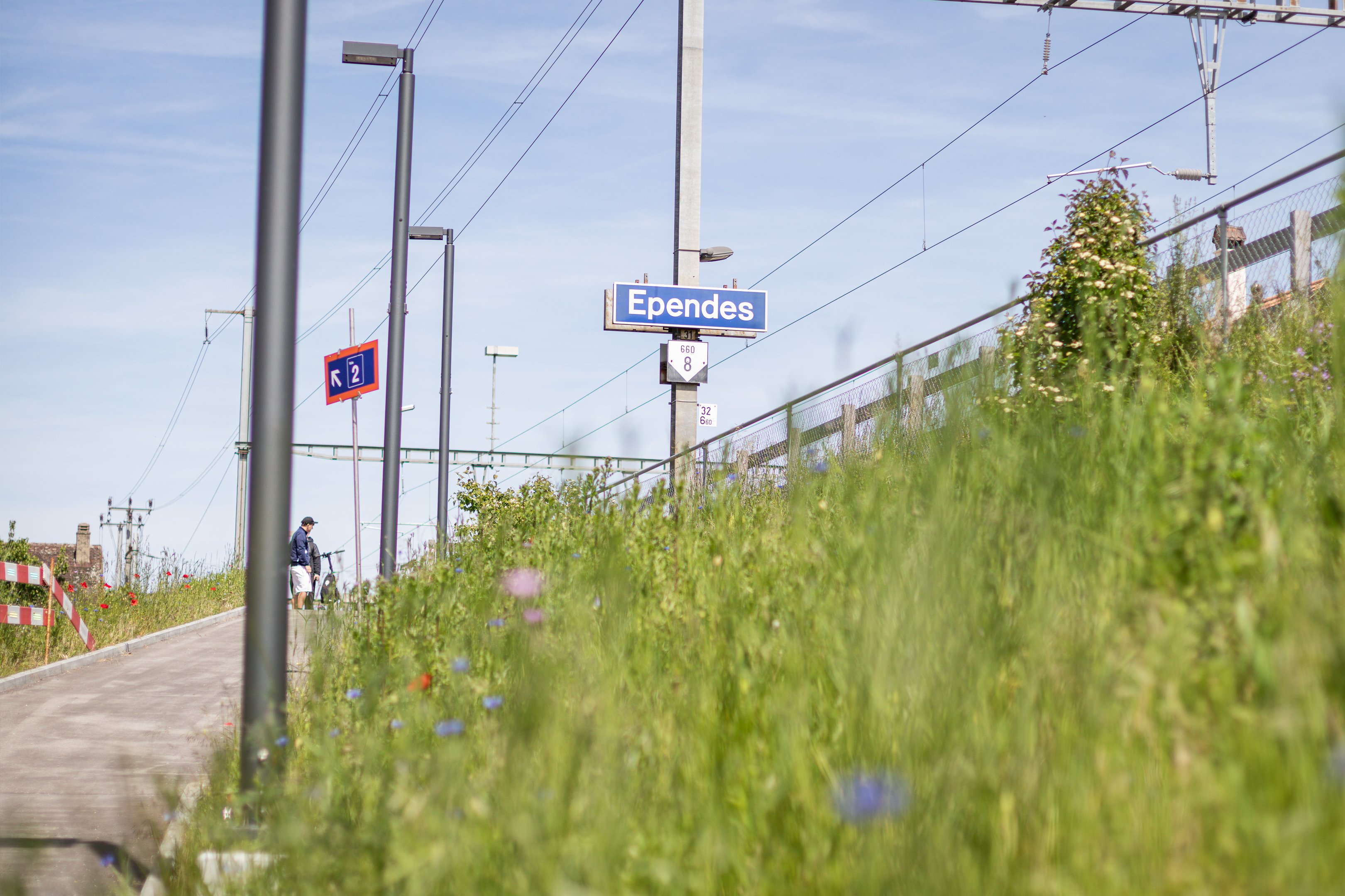 Gräser neben dem Aufgang zu einem Bahnhof. Im Bild: Fahrleitungen und Schild «Ependes».