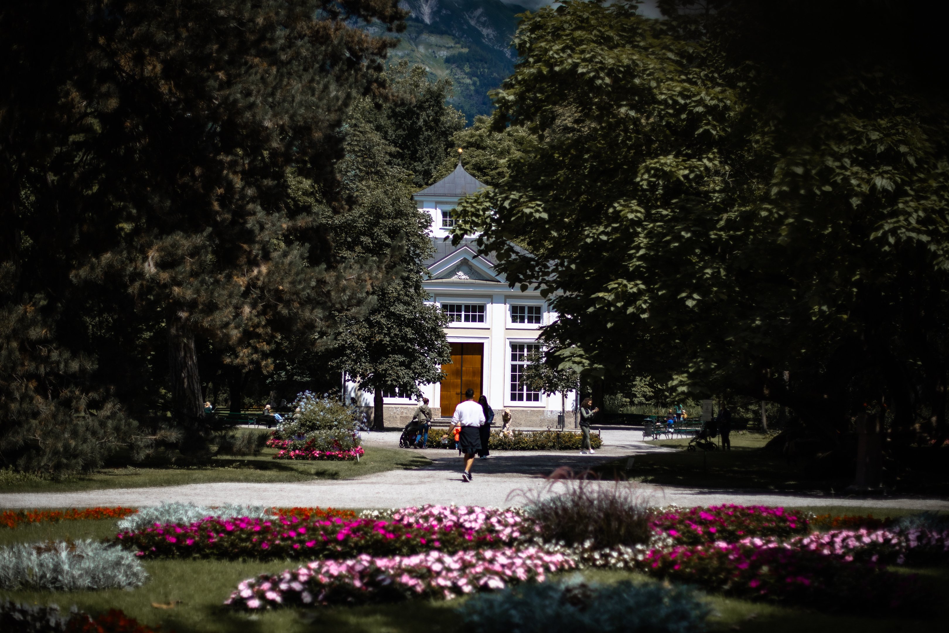 Una persona cammina nel parco tra aiuole fiorite.