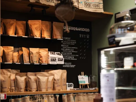 Packages are on a shelf.