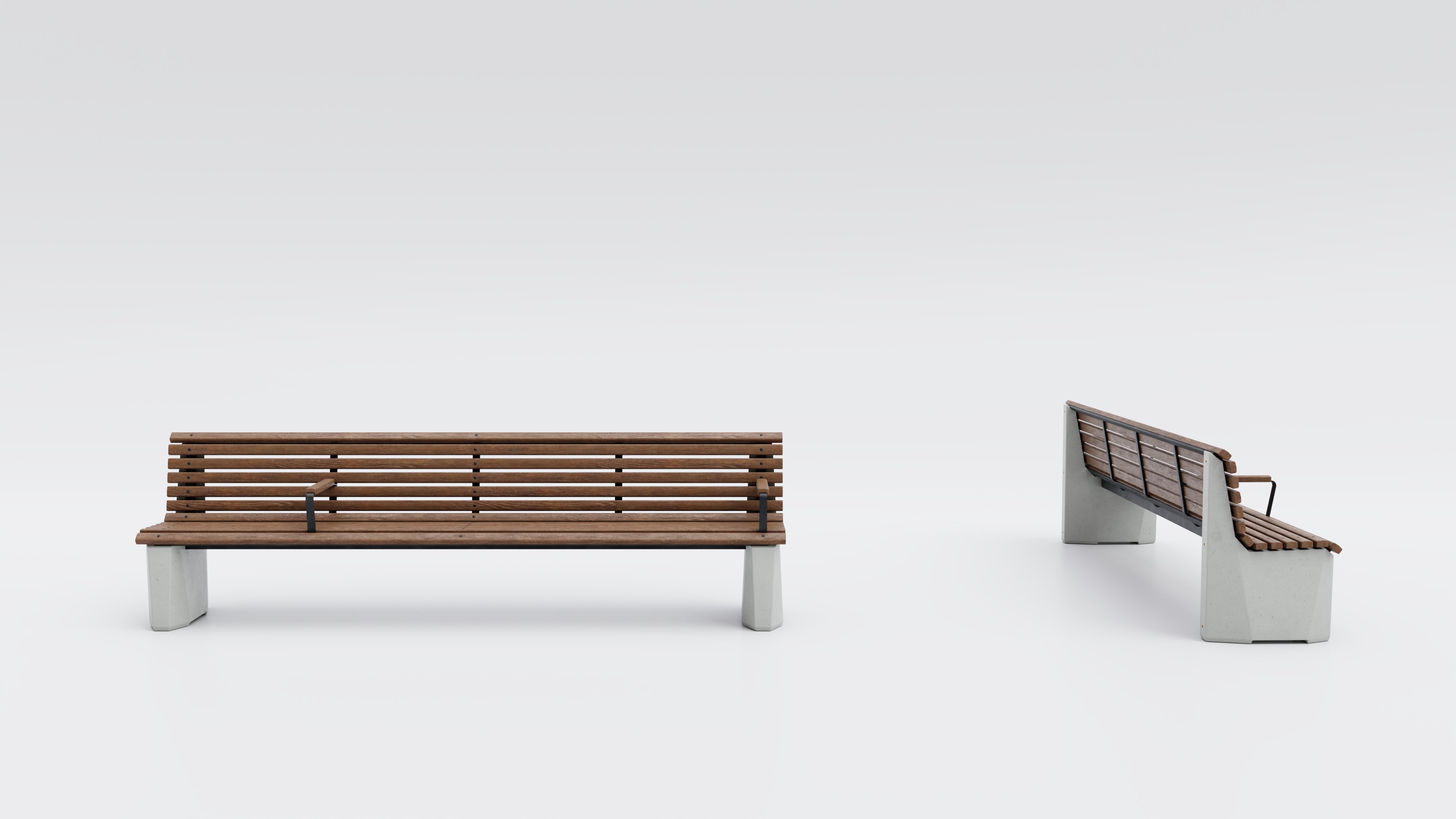Visualisation of the bench on one side, without advertising space. The bench consists of wooden slats and concrete bases made from recycled concrete.