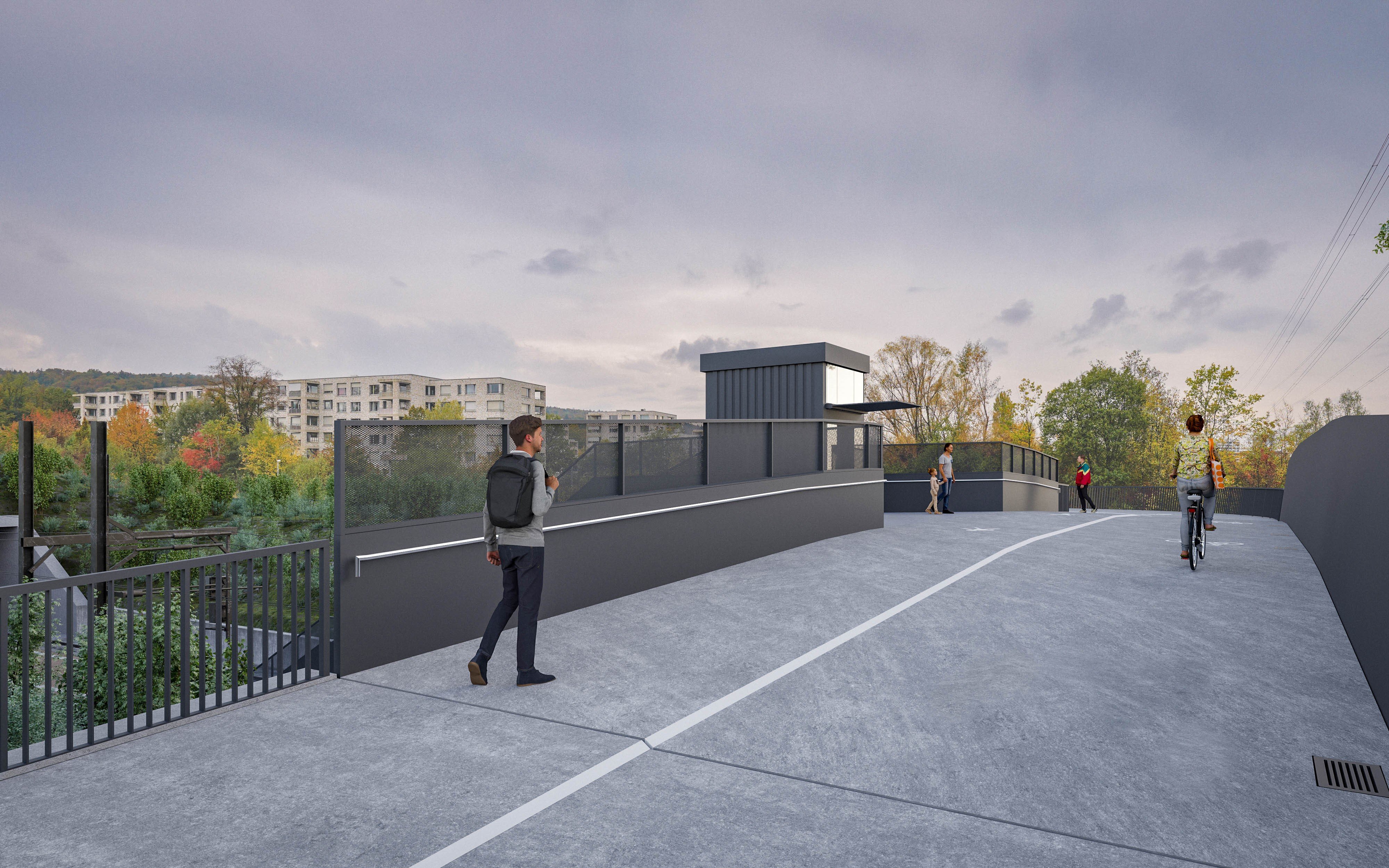 Die Visualisierung zeigt die Passerelle, die für Fussgänger:innen und Velofahrer:innen zugänglich ist.
