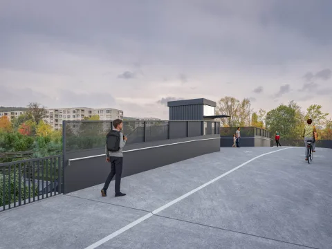 Die Visualisierung zeigt die Passerelle, die für Fussgänger:innen und Velofahrer:innen zugänglich ist.