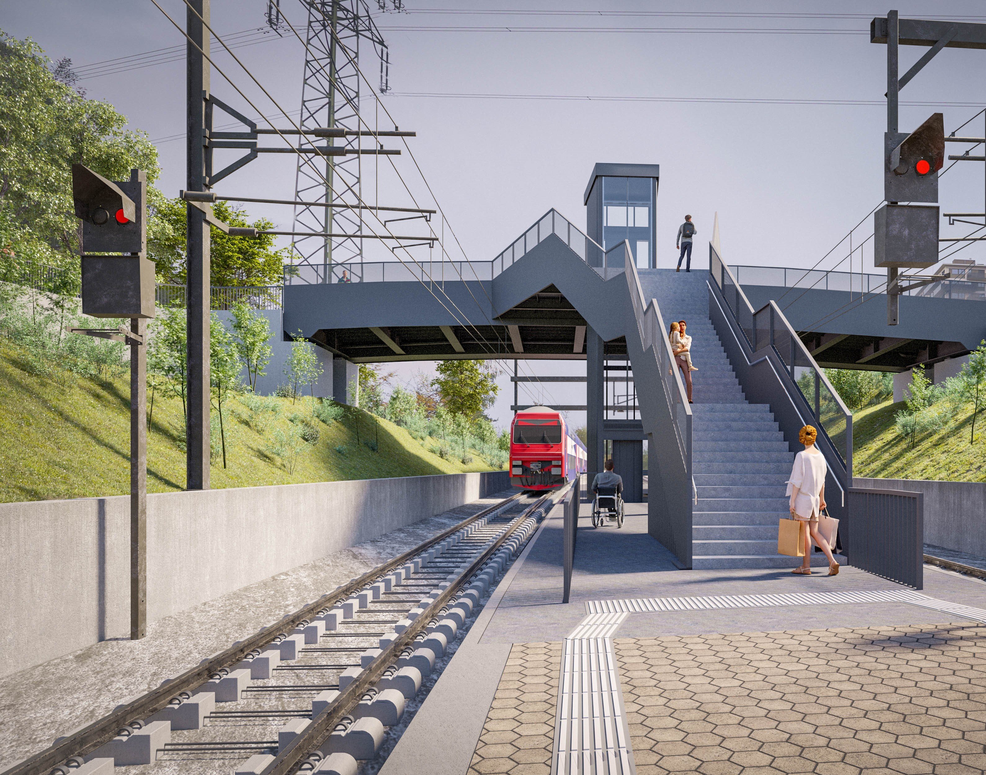 Die Visualisierung zeigt die neue Passerelle mit Lift und Treppe direkt auf das Perron des Bahnhofs Stettbach.