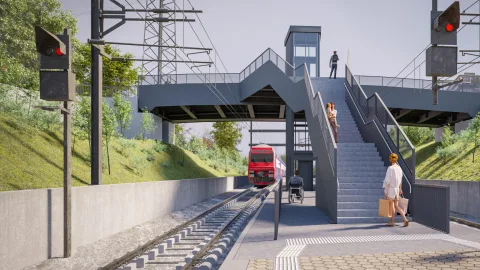 Die Visualisierung zeigt die neue Passerelle mit Lift und Treppe direkt auf das Perron des Bahnhofs Stettbach.