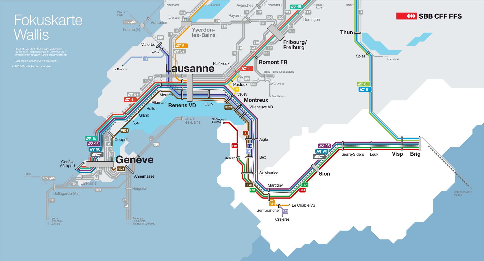 Dieses Bild zeigt die Veränderungen des Bahnverkehrs im Kanton Wallis in Form eines Schemas. Alle Änderungen sind auch im folgenden Text aufgelistet.