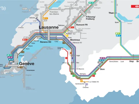 Dieses Bild zeigt die Veränderungen des Bahnverkehrs im Kanton Wallis in Form eines Schemas. Alle Änderungen sind auch im folgenden Text aufgelistet.