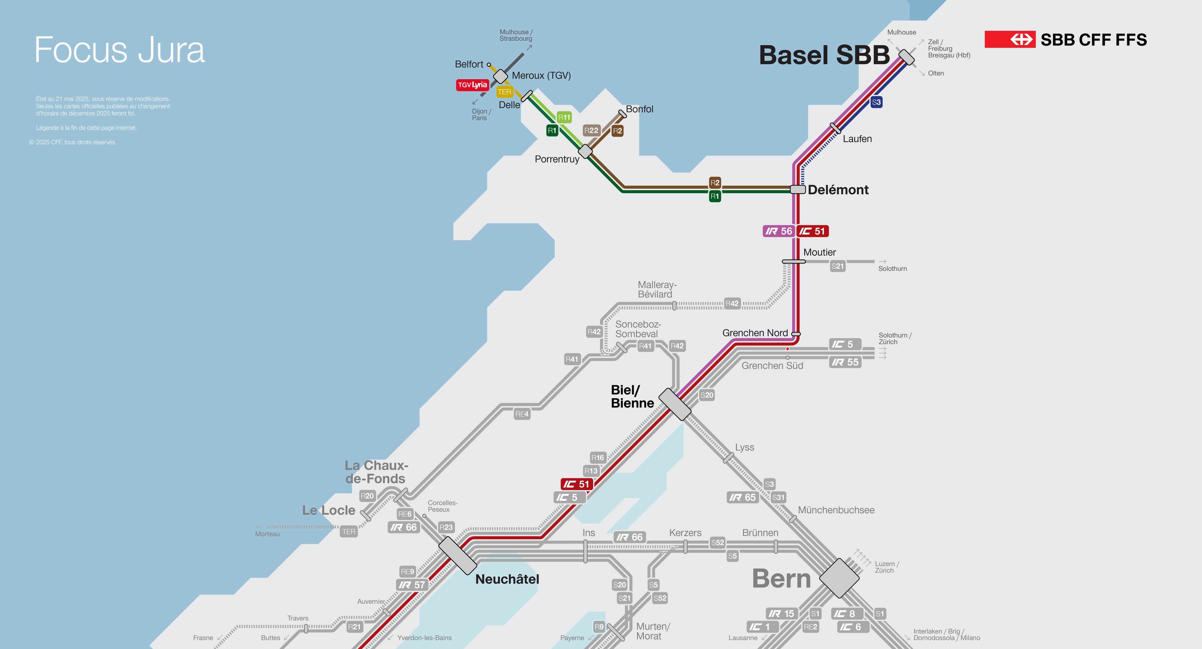 Carte avec un aperçu des principales nouveautés de l’horaire 2026 entre Lausanne et Bâle via le pied sud du Jura et Delémont.