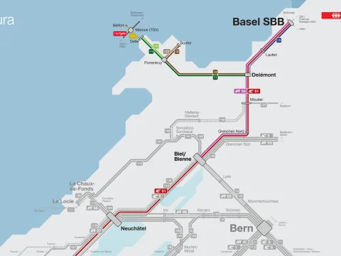 Carte avec un aperçu des principales nouveautés de l’horaire 2026 entre Lausanne et Bâle via le pied sud du Jura et Delémont.