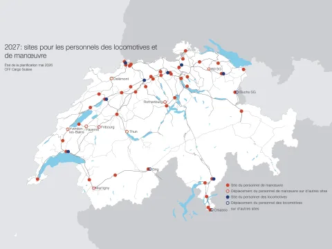 Carte de la Suisse avec les sites pour le personnel des locomotives et de manœuvre de CFF Cargo Suisse comme mentionné dans le texte précédent.