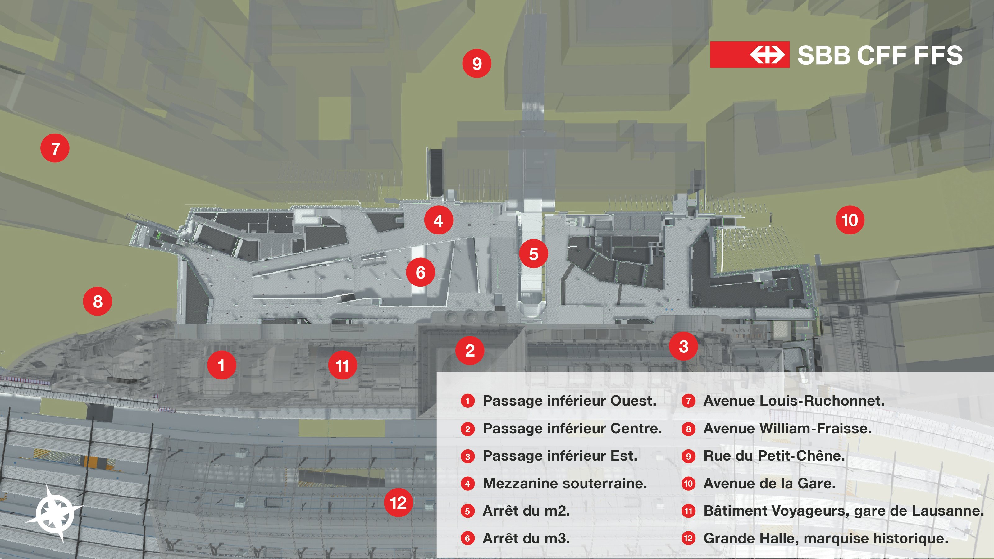 Plan de situation du futur sous-sol de la Place de la Gare avec indications des différents passages, accès et bâtiments.