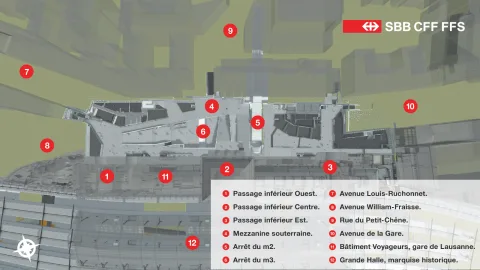 Plan de situation du futur sous-sol de la Place de la Gare avec indications des différents passages, accès et bâtiments.