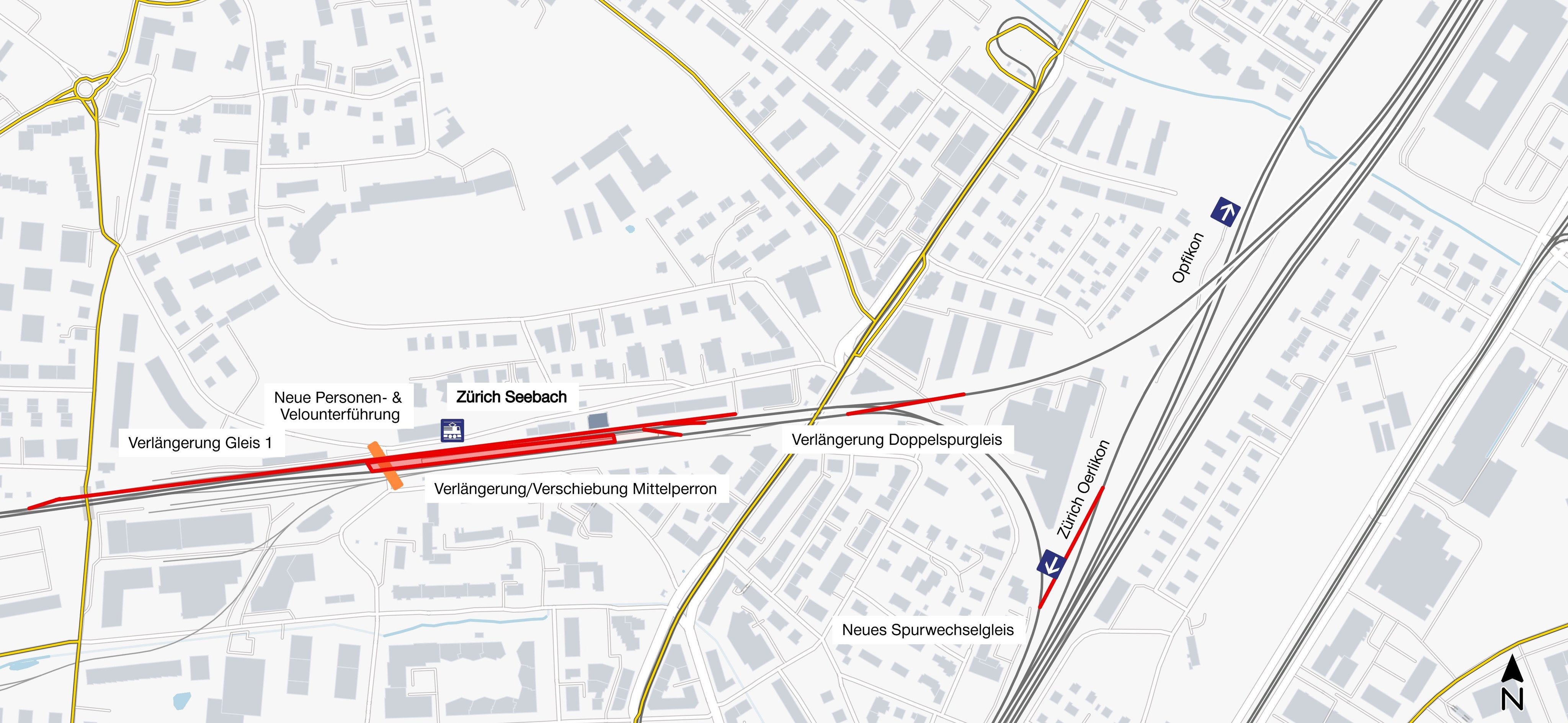 Plan zeigt die Verlängerung Gleis 1, neue Personen- & Velounterführung, Verlängerung/Verschiebung Mittelperron, Verlängerung Doppelspurgleis und neues Spurwechselgleis wie im Text erklärt.
