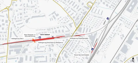 Plan zeigt die Verlängerung Gleis 1, neue Personen- & Velounterführung, Verlängerung/Verschiebung Mittelperron, Verlängerung Doppelspurgleis und neues Spurwechselgleis wie im Text erklärt.