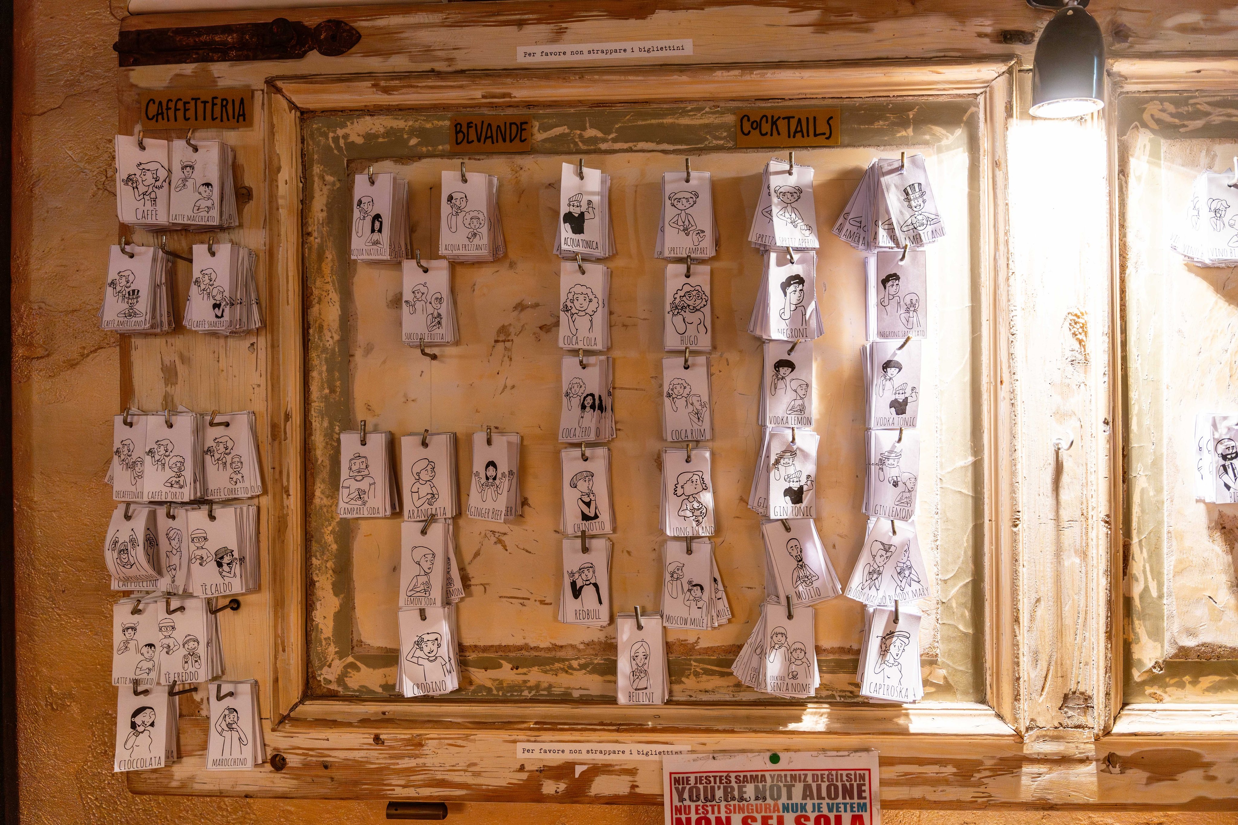 Illustrated cards with characters, hanging on a wall