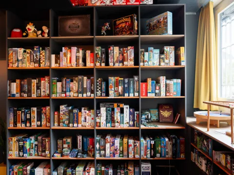 Shelf with card and board games.