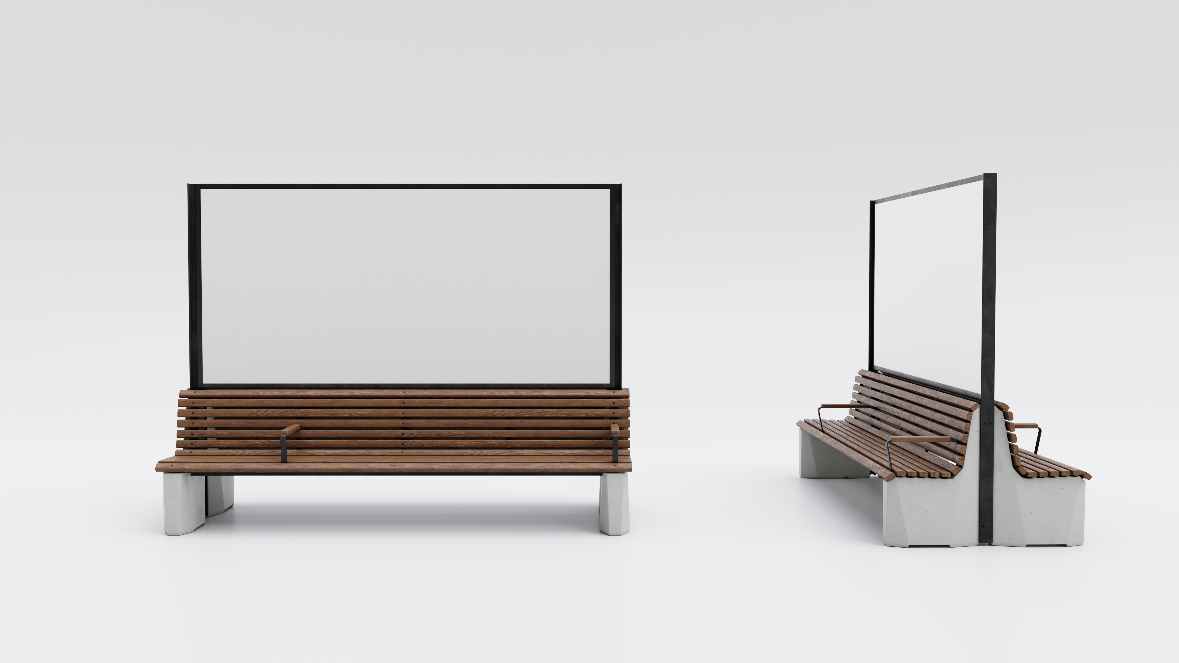 Visualisation of the double-sided bench with advertising space. The bench consists of wooden slats and concrete bases made from recycled concrete.