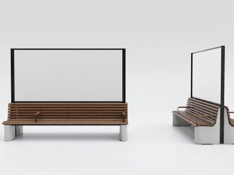 Visualisation of the double-sided bench with advertising space. The bench consists of wooden slats and concrete bases made from recycled concrete.